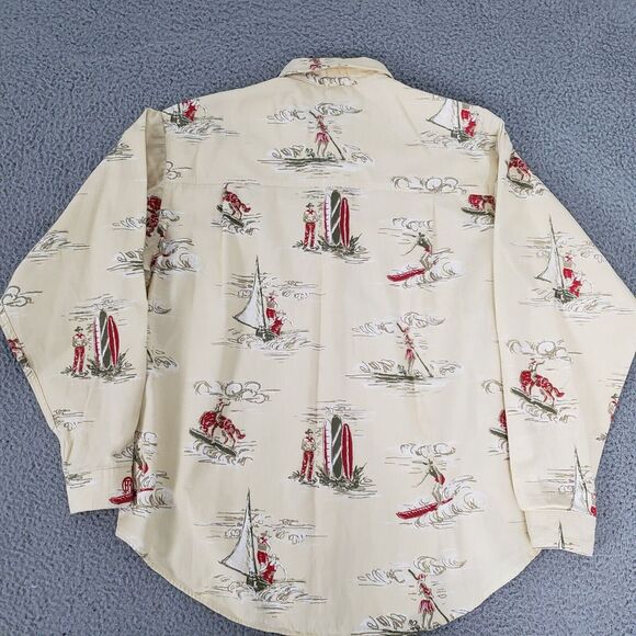 VINTAGE Barn Fly Shirt Mens Small Yellow Hawaiian AOP‎ Windsurfing USA Cotton LS - Picture 8 of 10